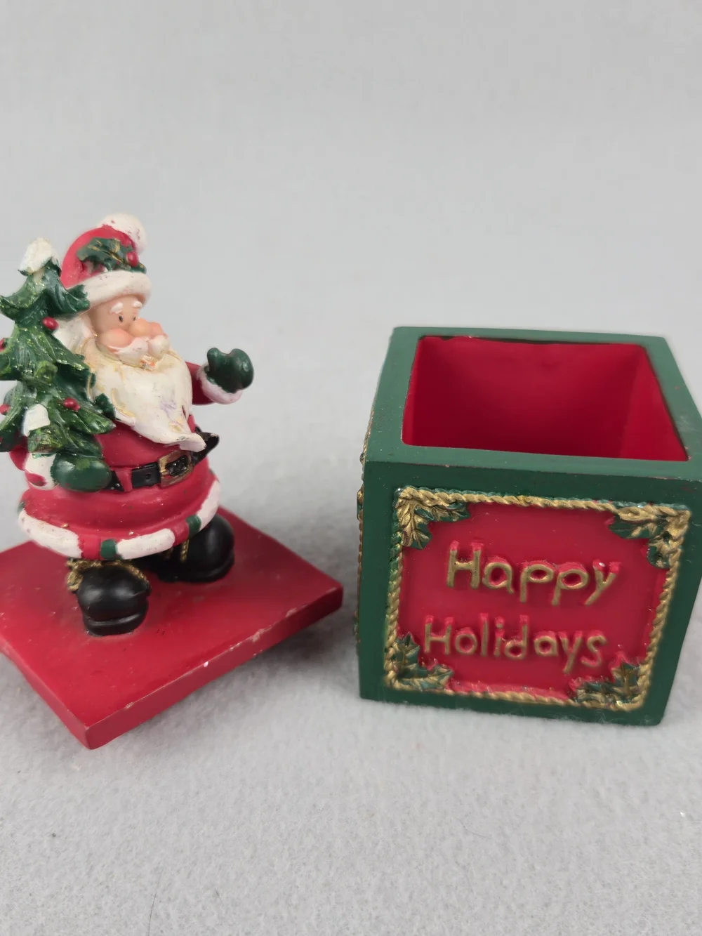 Vintage Hand Painted Santa Claus Resin Christmas Trinket Box Happy Holidays